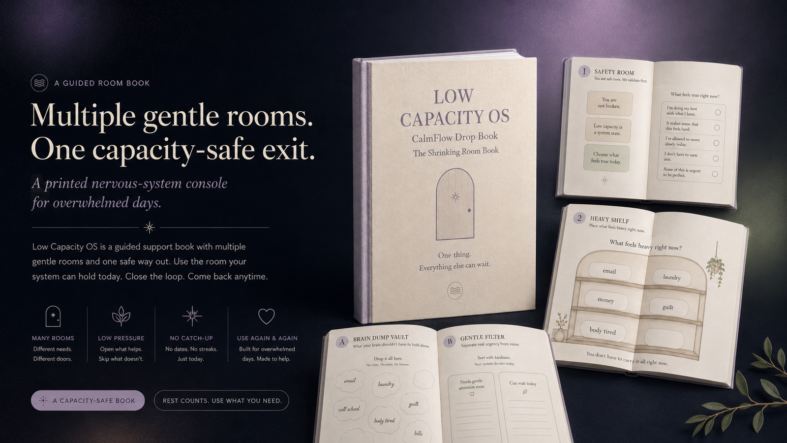 Low Capacity OS Drop Book — multiple gentle rooms, one capacity-safe exit